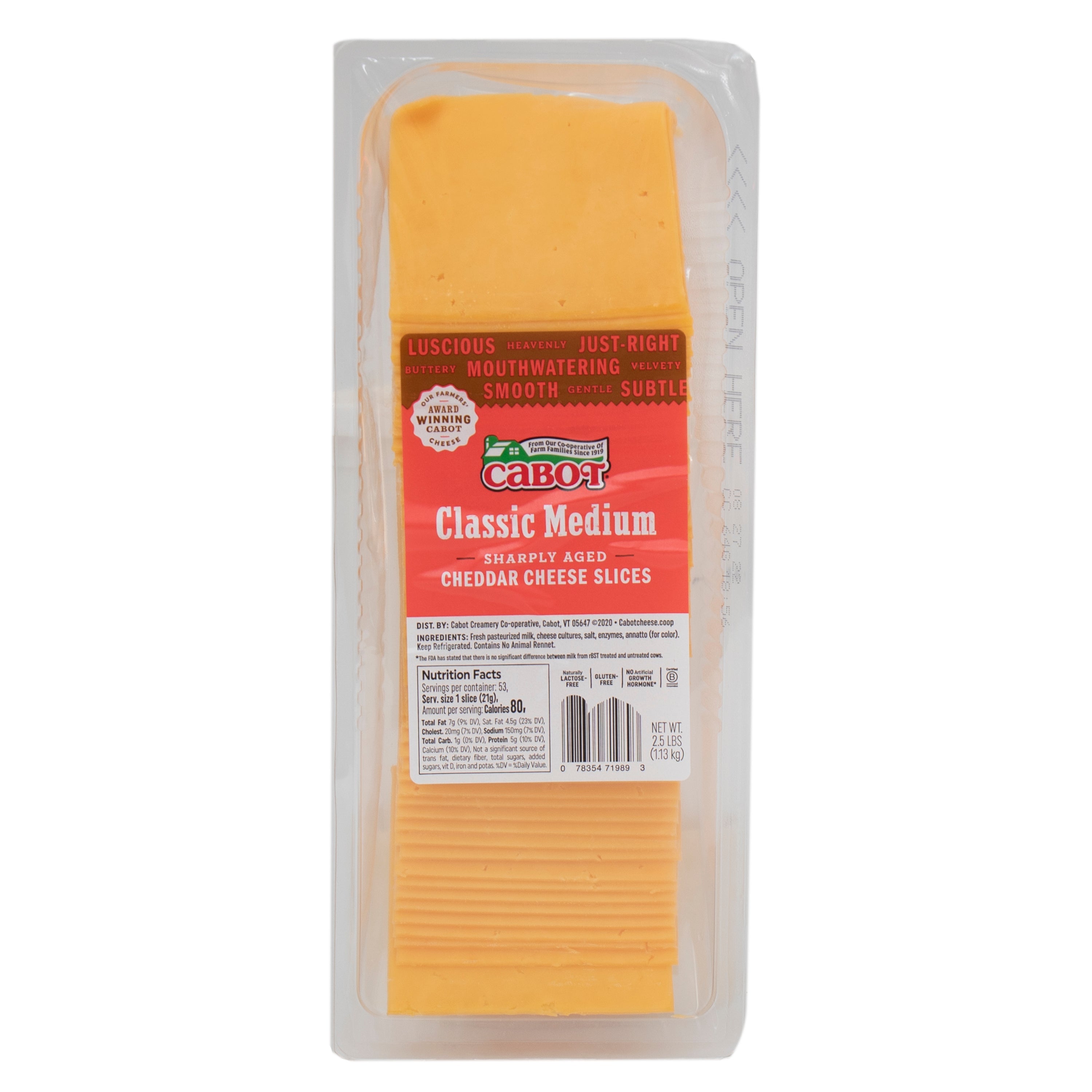 Cabot Creamery Medium Yellow Cheddar Cheese Slices 2.5lb