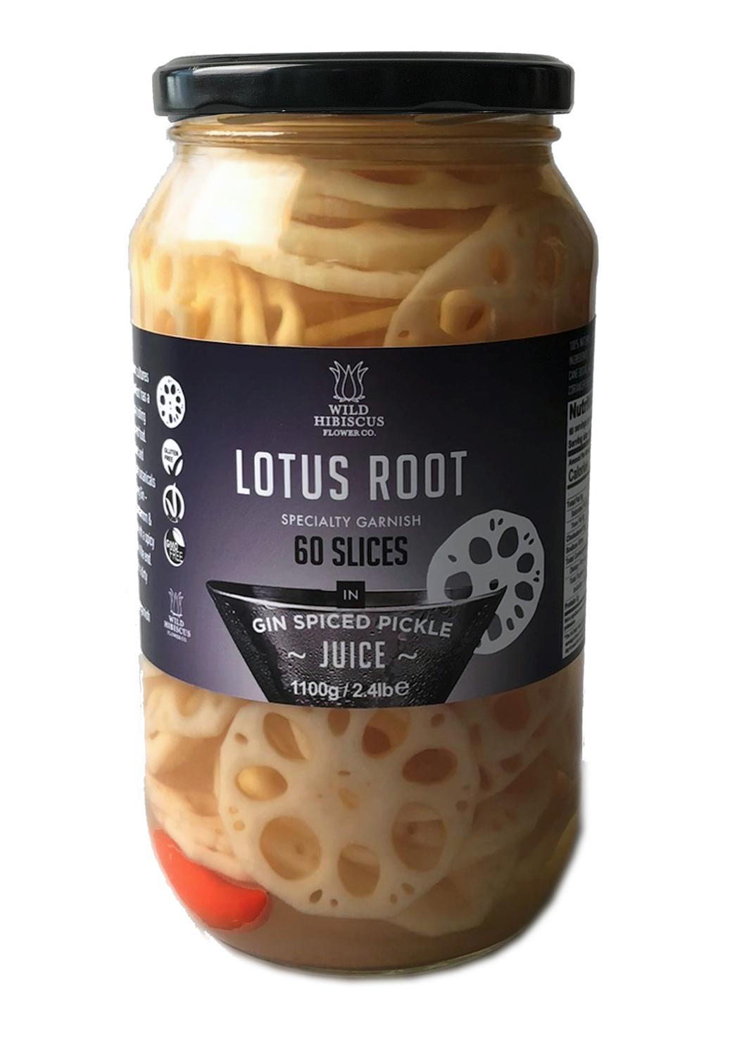 Wholesale Wild Hibiscus Lotus Root in Gin Spiced Pickle Juice 2.4 lb Jar-4ct Case Bulk
