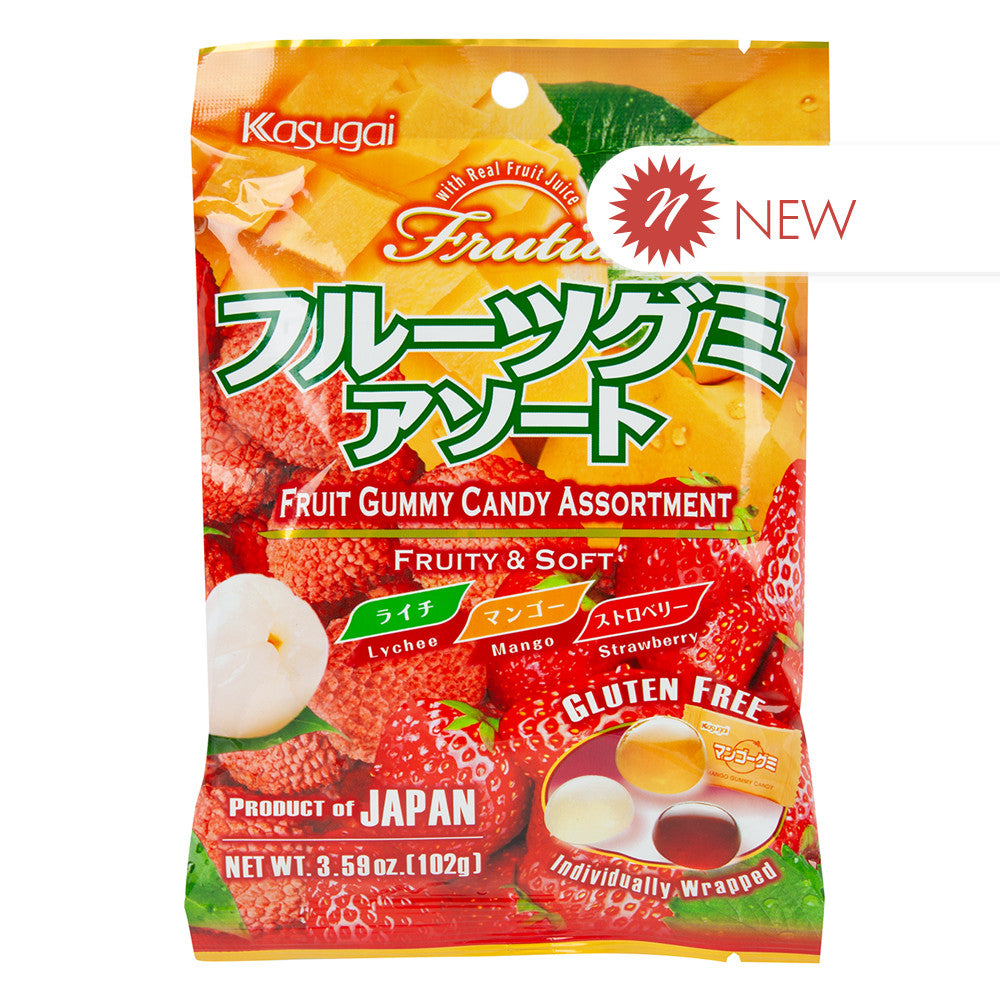 Wholesale Kasugai Frutia Assorted Lychee, Strawberry Mango Gummy Candy 3.59 Oz Peg Bag- Bulk