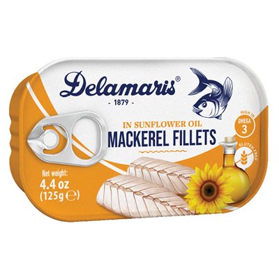 Wholesale Delamaris Mackerel Fillets In Sunflower Oil 125G Tin- Bulk