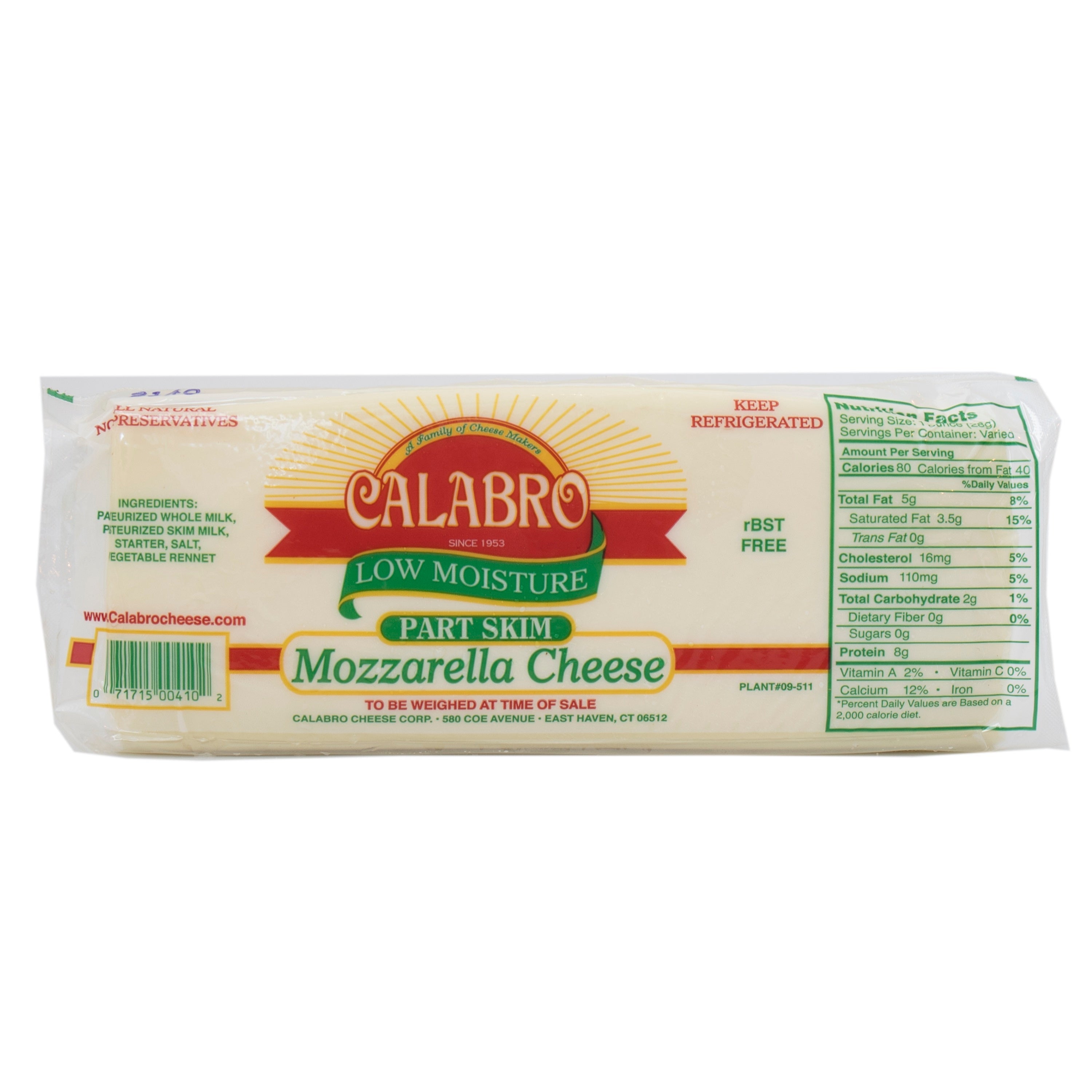 Calabro Mozzarella Part Skim Cheese Loaf 5lb