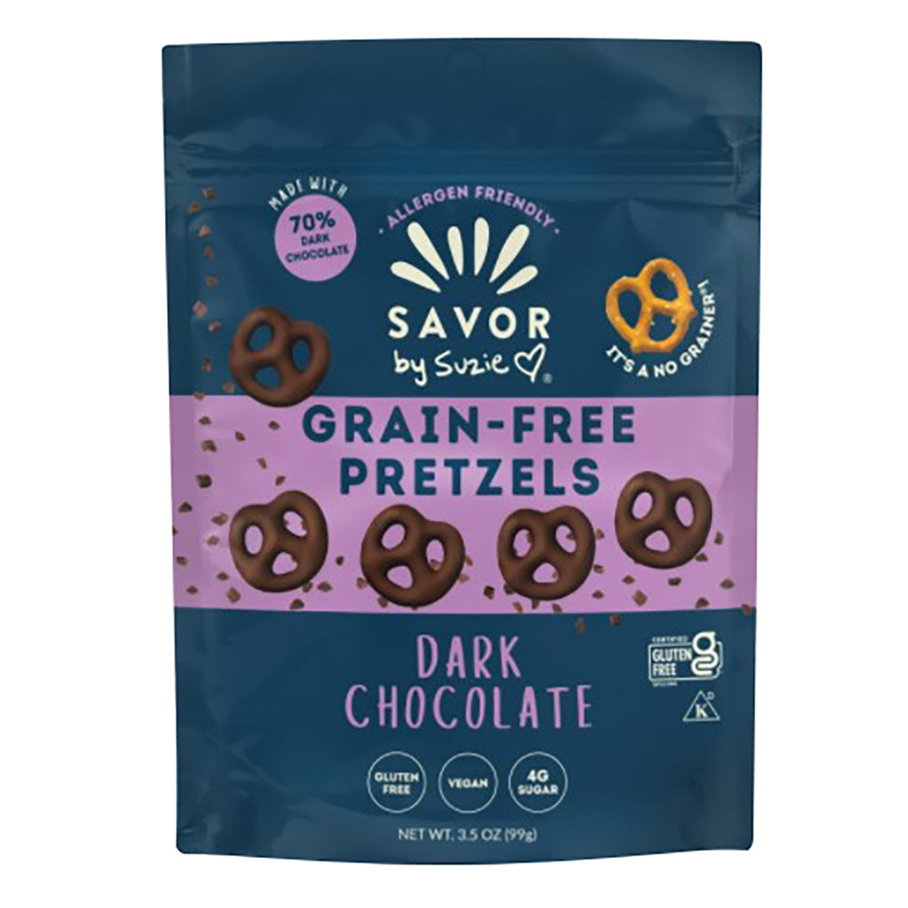 Wholesale Savor By Suzie Grain-Free Dark Chocolate Covered Pretzels 3.5 Oz Bag- Bulk