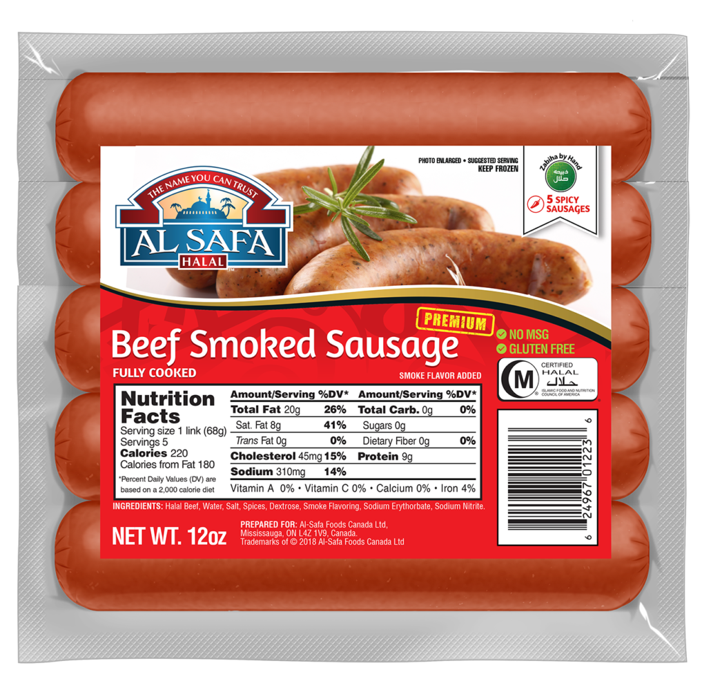 Wholesale Al Safa Halal Beef Smoked Sausage 12oz- Bulk