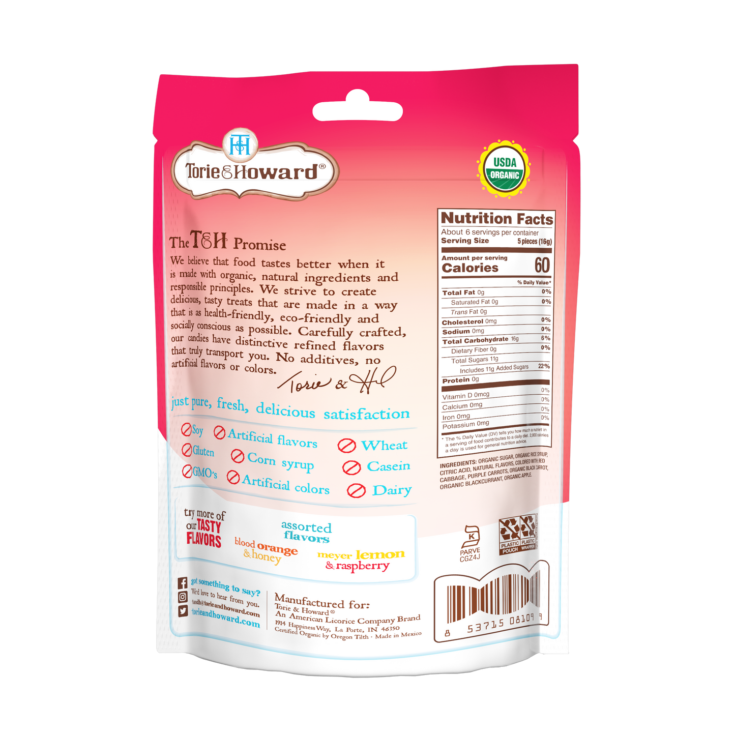 Wholesale Torie & Howard Pomegranate & Nectarine Organic Hard Candy 3.5Oz Stand Up Bags- Bulk