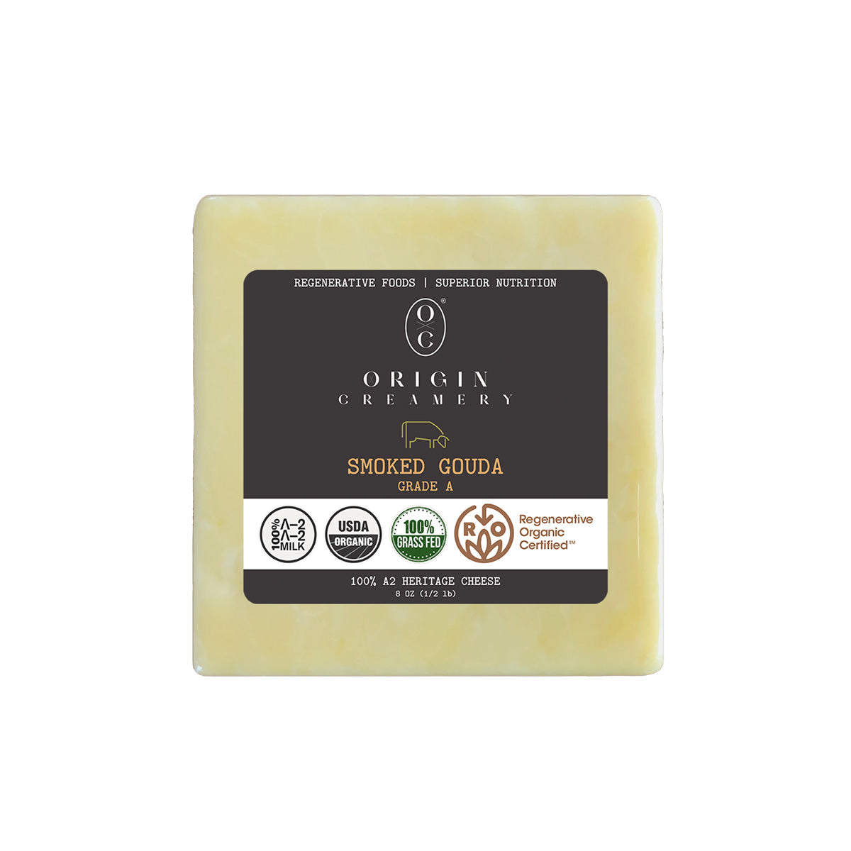 Wholesale Origin Milk Organic A2 Smoked Gouda Block 8 OZ- Bulk