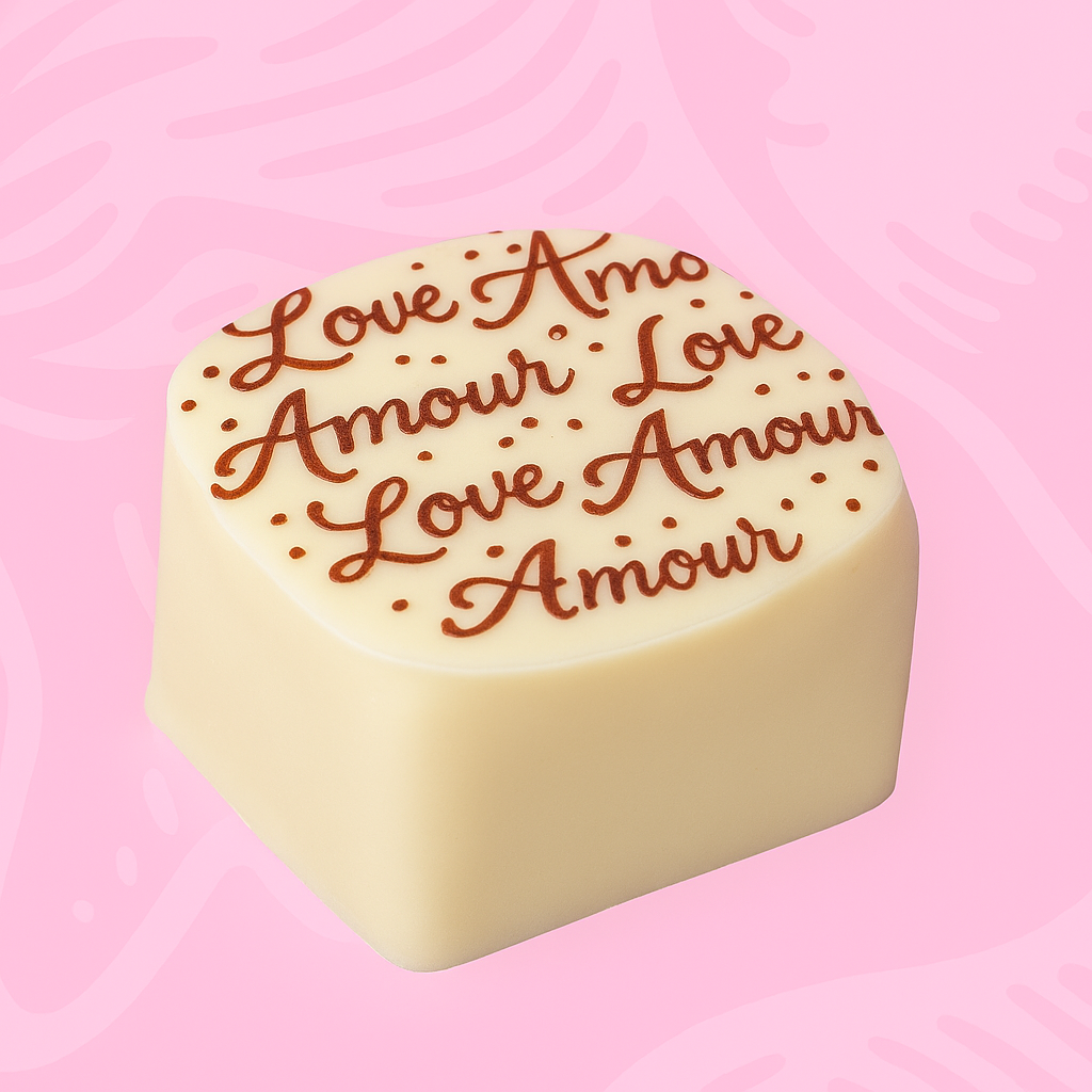 Wholesale Nirvana Bulk case of white chocolates with red "amour"stencil with crunchy praline filling (approx 60) 2.2 lb- Bulk