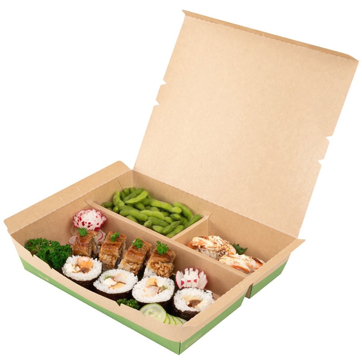 Wholesale Restaurantware 78 oz Rectangle Kraft & Green Paper Bento Box, 3-Compartment- Bulk