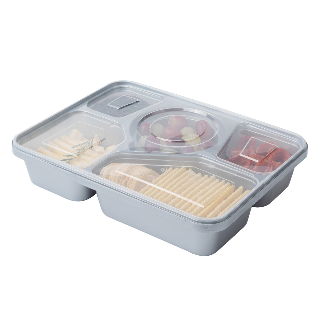 Wholesale Restaurantware 63 oz Silver Plastic Tamper-Evident 5-Compartment Container 25 CT- Bulk