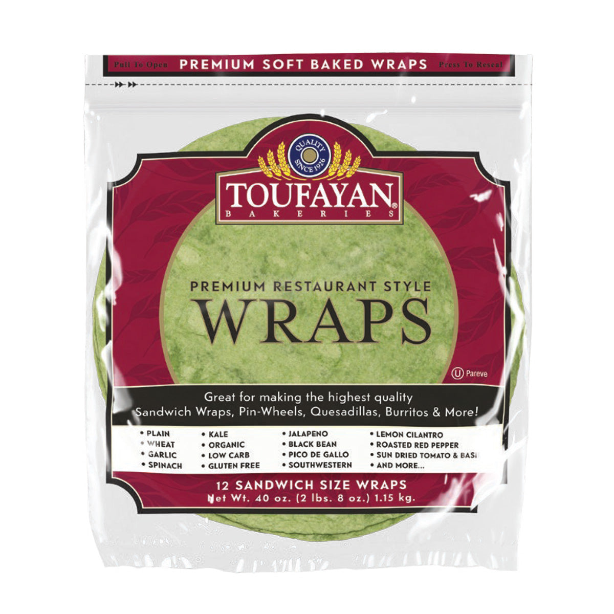 Wholesale Toufayan Bakeries Spinach Wraps 12 CT- Bulk