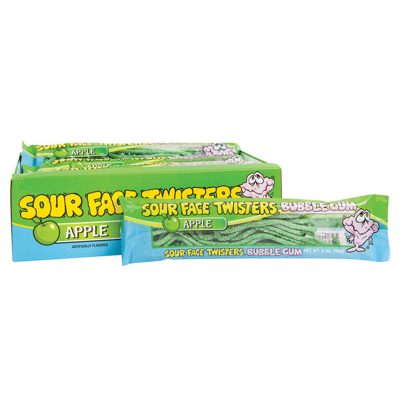 Wholesale Sour Face Twisters Bubble Gum Apple 2 Oz- Bulk