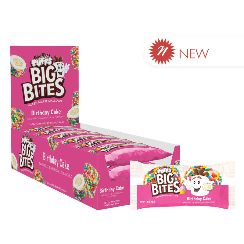 Wholesale Stuffed Puffs Big Bites Stuffed Marshmallows Birthday Cake 1.8 Oz- Bulk