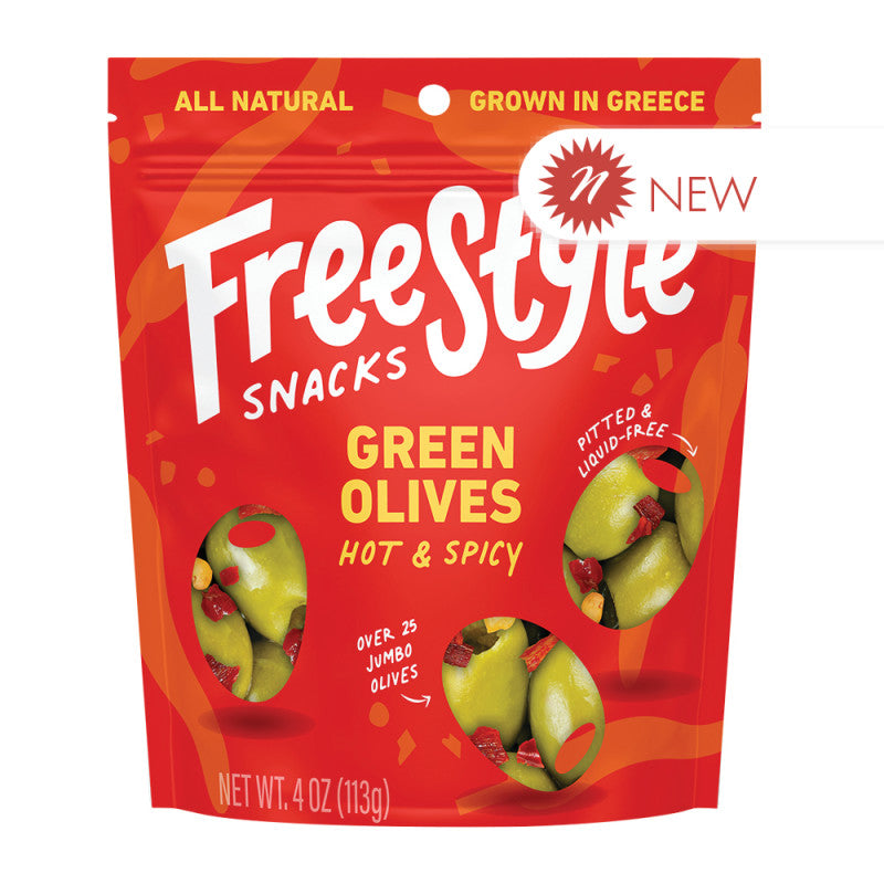 Wholesale Freestyle Snacks Hot & Spicy Green Olives 4 Oz Pouch- Bulk