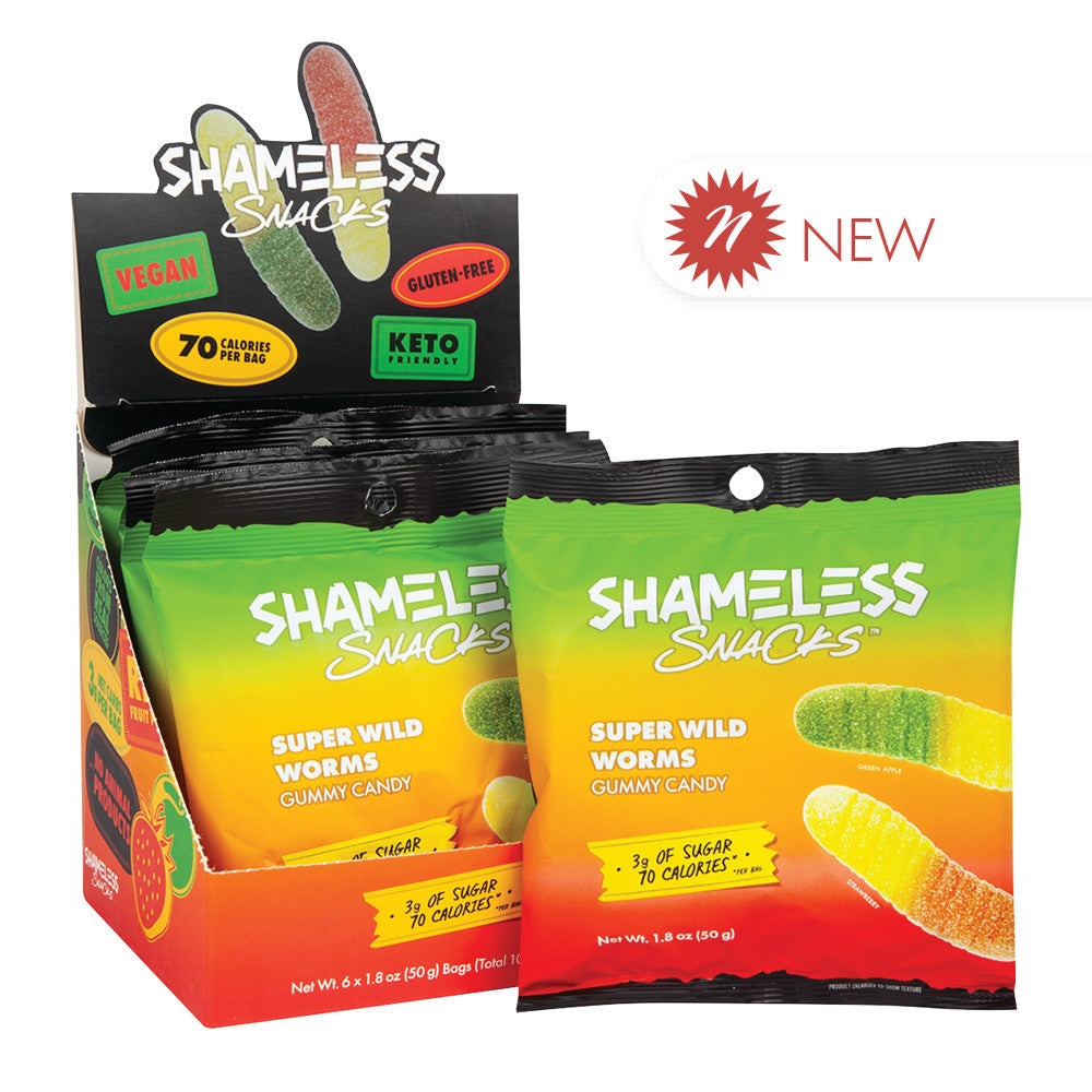 Wholesale Shameless Snacks Super Wild Worms Gummy Candy 1.08 Oz Bag- Bulk