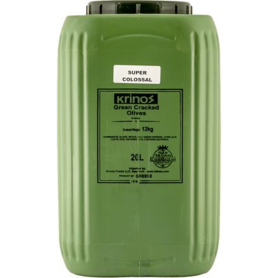 Wholesale Krinos Green Cracked Olives Super Colossal 12Kg Keg- Bulk