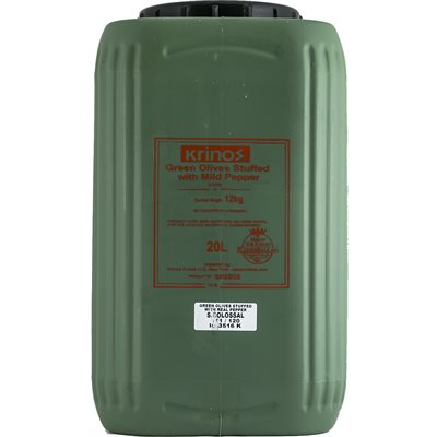 Wholesale Krinos Green Olives Stuffed With Mild Pepper 12Kg Keg- Bulk