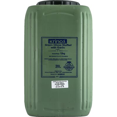 Wholesale Krinos Green Olives Stuffed With Garlic 12Kg Keg- Bulk