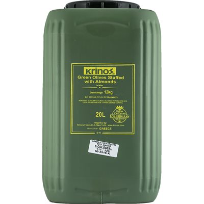 Wholesale Krinos Green Olives Stuffed With Almonds 12Kg Keg- Bulk