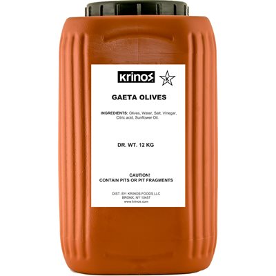 Wholesale Krinos Gaeta Style Olives 12kg keg- Bulk