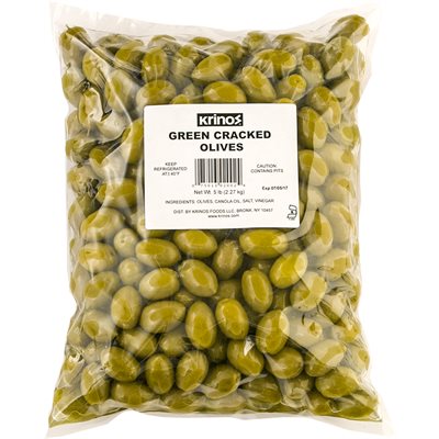Wholesale Krinos Green Cracked Olives 5Lb Bag- Bulk