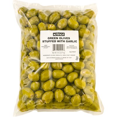 Wholesale Krinos Green Olives Stuffed With Garlic 5Lb Bag- Bulk