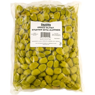 Wholesale Krinos Green Olives Stuffed With Almonds 5Lb Bag- Bulk