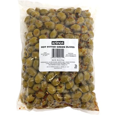 Krinos Hot Pitted Green Olives 5lb bag