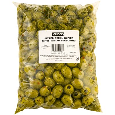 Krinos Pitted Green Olives With Italian Seasoning 5Lb Bag