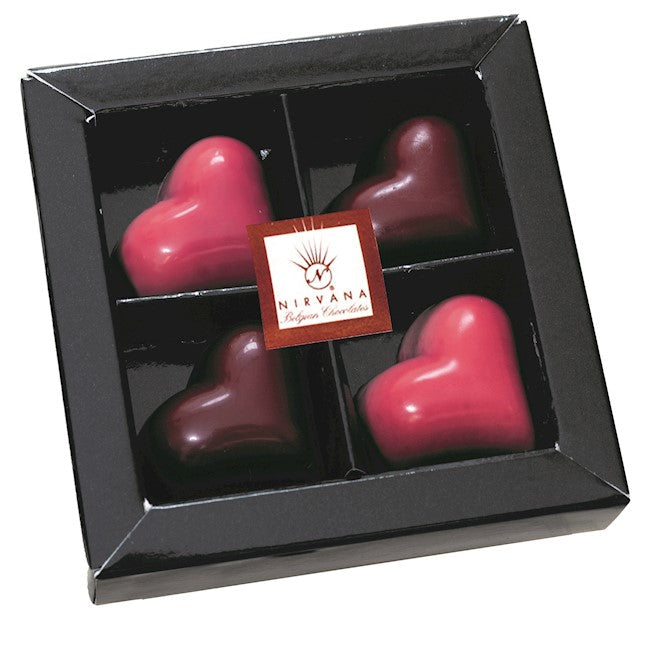 Wholesale Nirvana 4-Piece Valentine Hearts Gift-Box- Mix Of Caramel Sea Salt And Chocolate Truffle Filling 3.5 Oz. Boxes-12 Ct Case Bulk