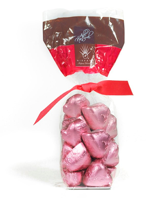 Wholesale Nirvana 10 Pc. Pink Foil-Wrapped Dark Chocolate Hearts With Champagne Ganache In Cello Bag 5.29 Oz.-12 Ct Case Bulk