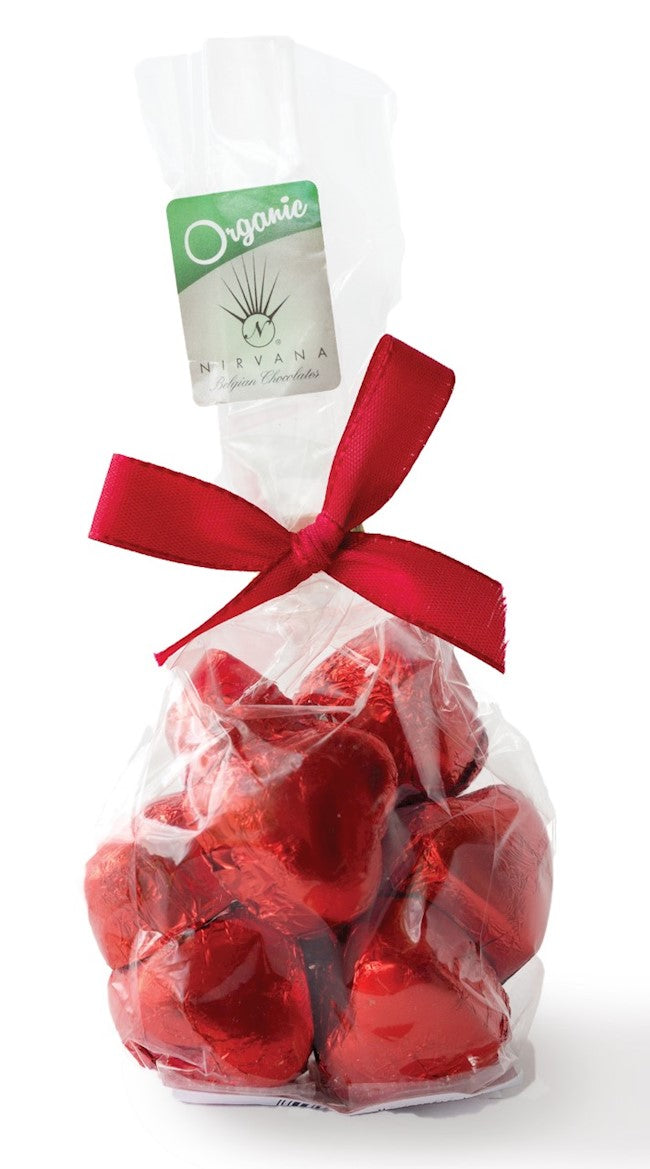 Wholesale Nirvana 10 Pc. Organic Red Foil-Wrapped Dark Chocolate Solid Hearts In Cello Bag 4.94 Oz.-12 Ct Case Bulk