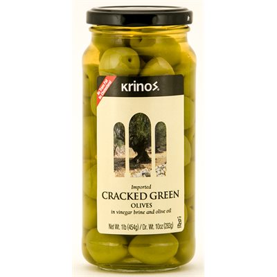 Krinos Cracked Green Olives 1Lb Jar