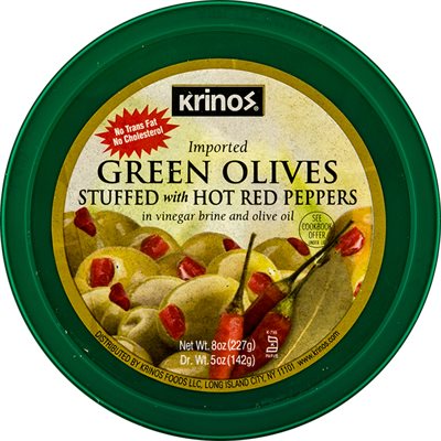 Krinos Green Olives Stuffed With Hot Red Peppers 8 Oz Cup