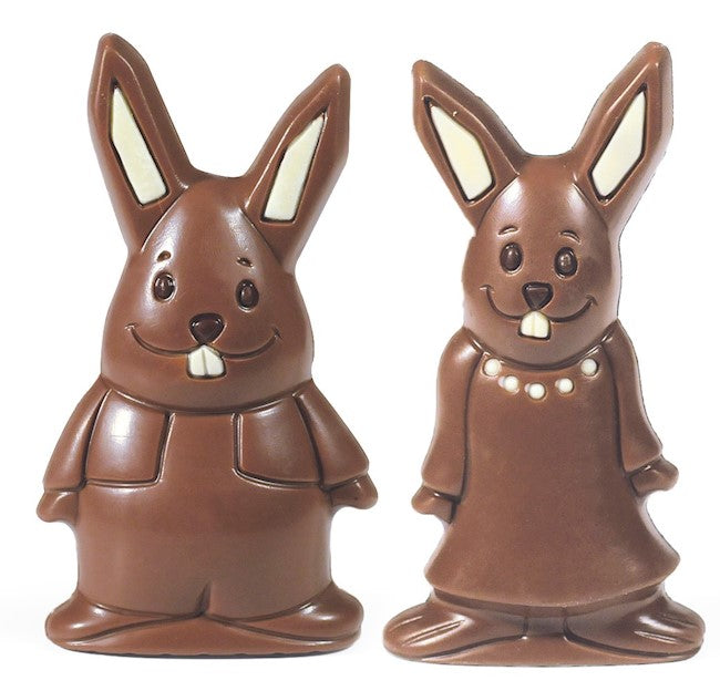 Wholesale Nirvana Boy & Girl Bunnies Hollow Milk Chocolate W/White Accents In Cello Bag (Mixed Case Of 6 Ea) 2.1 Oz.-12 Ct Case Bulk