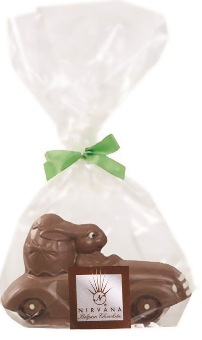 Wholesale Nirvana Organic Milk Chocolate Hare In Race Car- In Cello Bag With Ribbon 4.41 Oz.-6 Ct Case Bulk