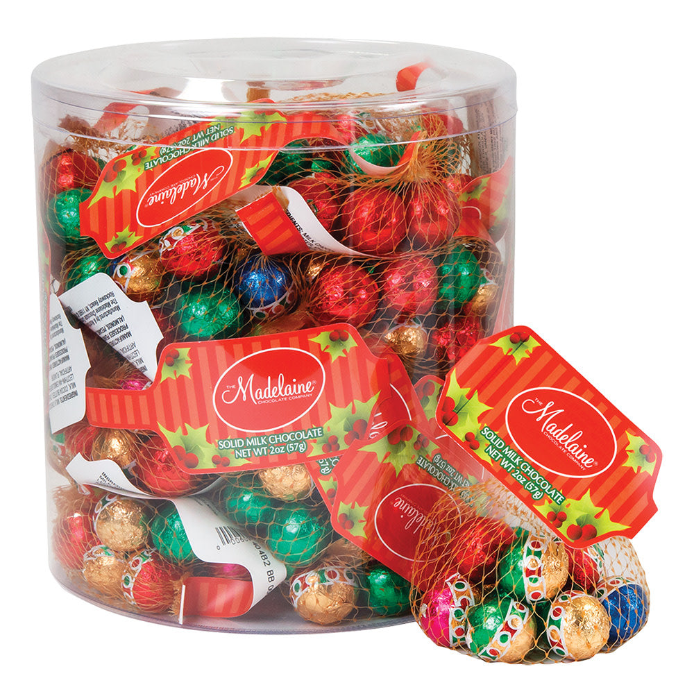 Wholesale Madelaine Milk Chocolate Foiled Christmas Balls 2 Oz Mesh Bag- Bulk