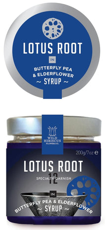Wholesale Wild Hibiscus Lotus Root in Elder & Butterfly Pea Flower Syrup 7 oz Jar-6ct Case Bulk