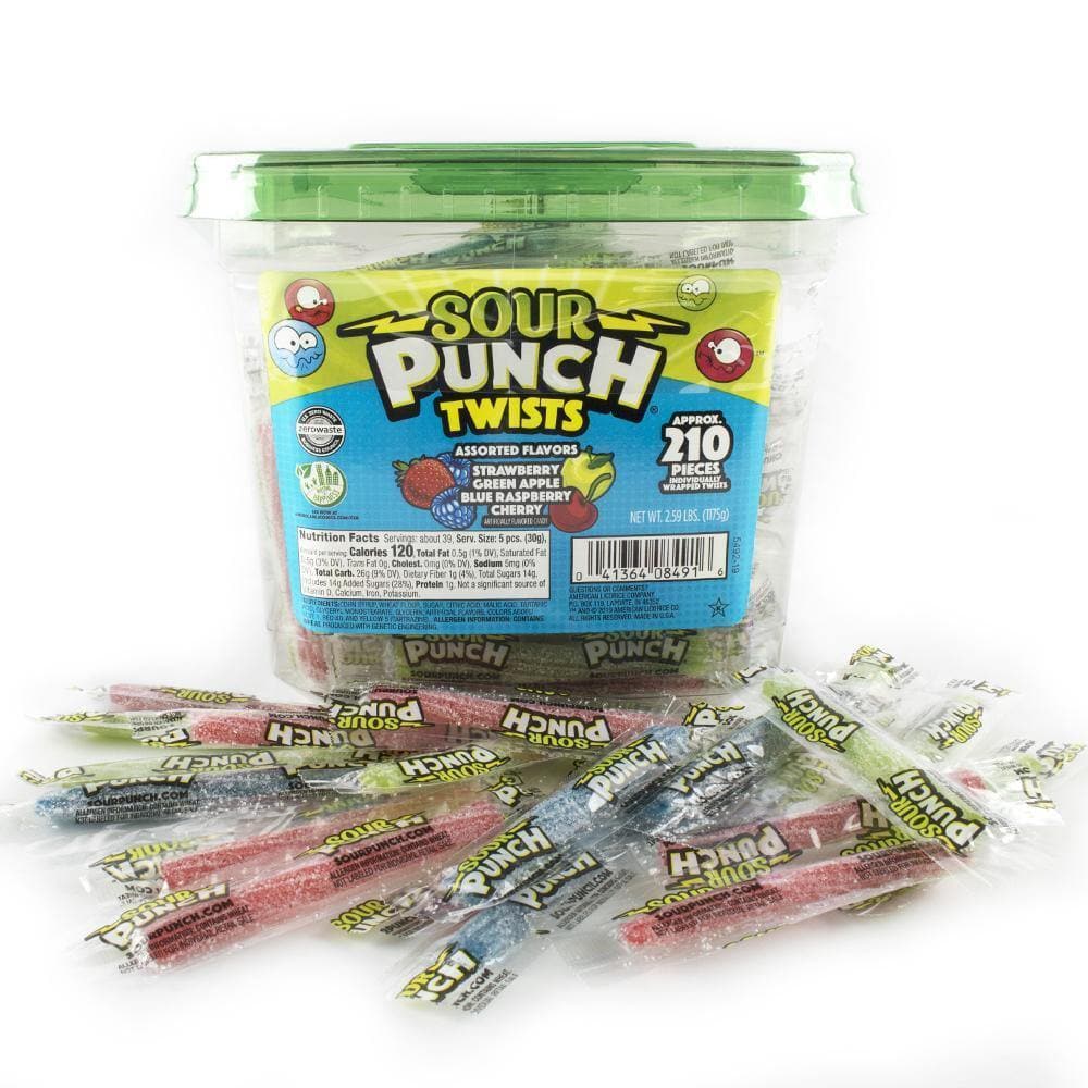 Wholesale Sour Punch Indiv. Wrapped 6” Twists Jar 4-Flavors PDQ 62.47 oz Bulk