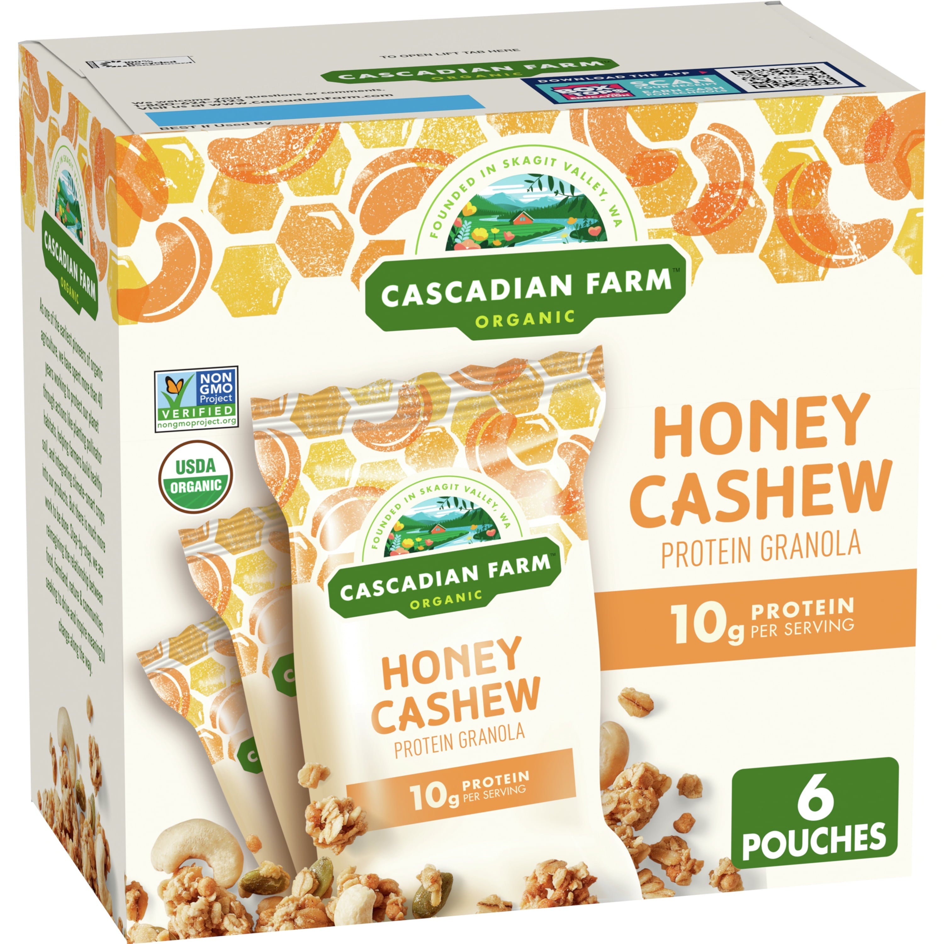 Cascadian Farm Organic Honey Cashew Protein Granola 6 Pouches 2.5 Oz Each