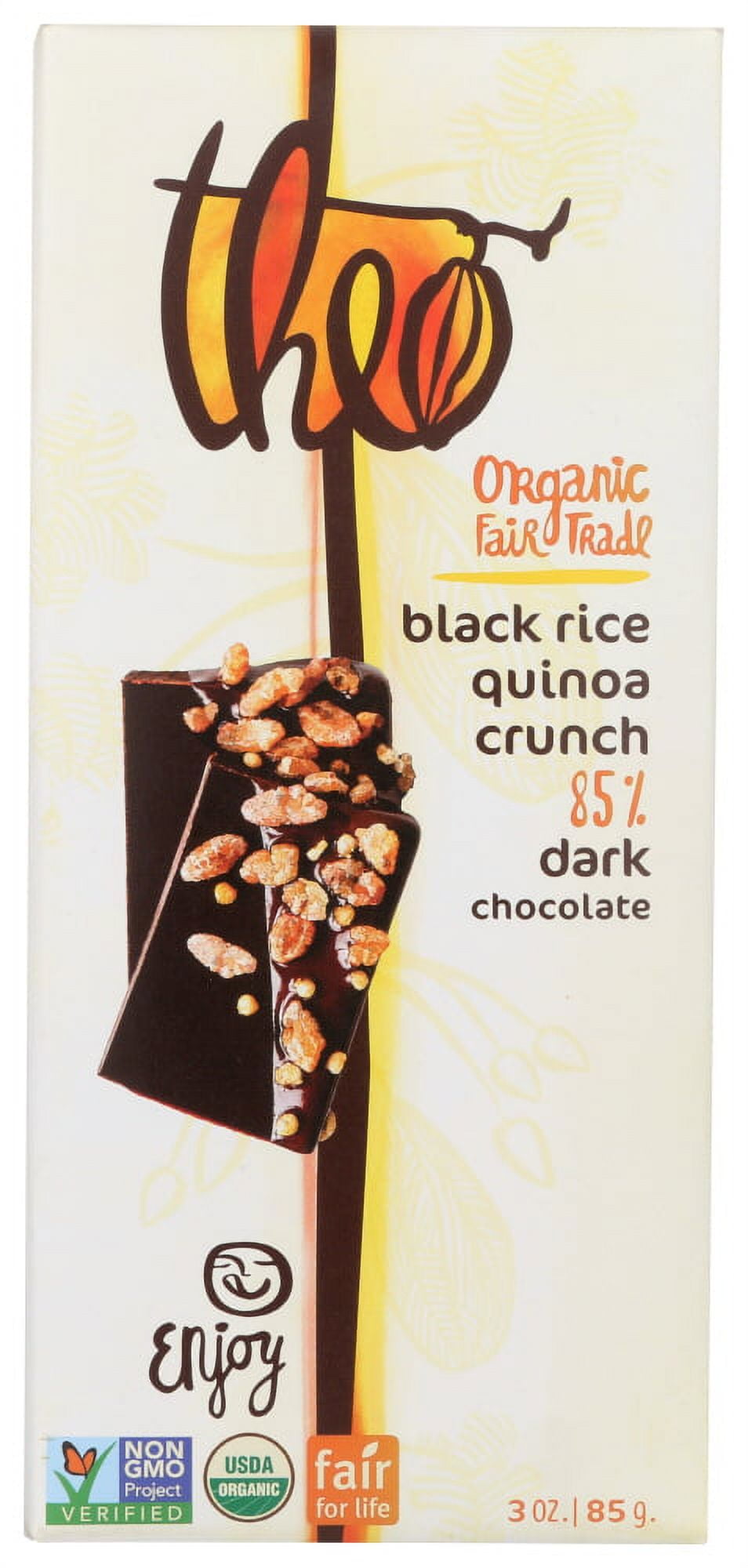 Theo Organic Fair Trade 85% Dark Chocolate Bar Black Rice Quinoa Crunch 3 Oz
