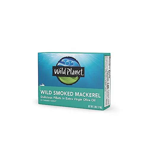 Wild Planet Wild Smoked Mackerel Fillets in Extra Virgin Olive Oil, Tinned Fish, Canned Salmon, Sustainably Caught, Non-GMO, Kosher, Gluten Free, Keto and Paleo, 3.9 oz (Pack of 1)