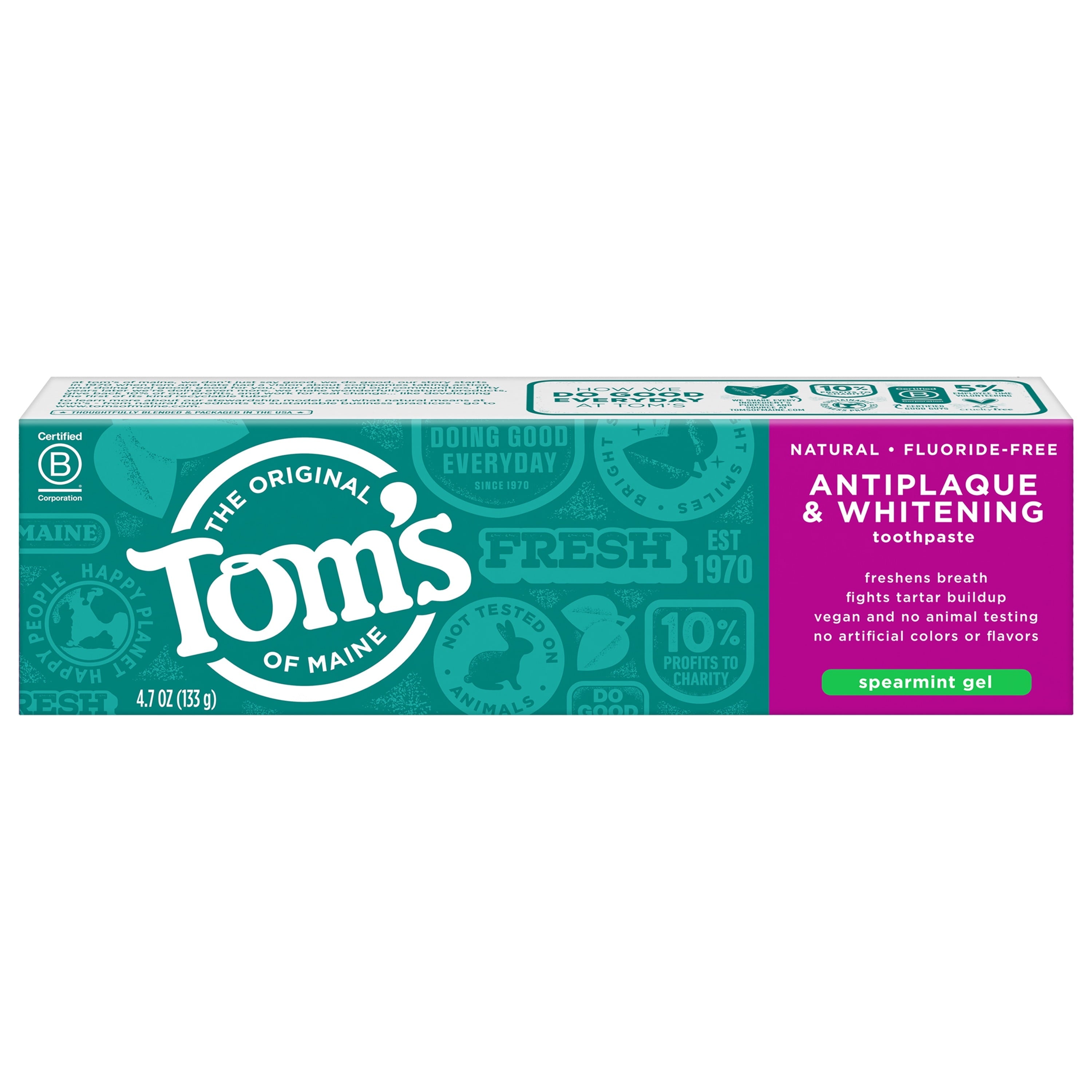 Tom's Of Maine Antiplaque & Whitening Toothpaste Spearmint Gel Fluoride-Free 4.7 Oz Tube