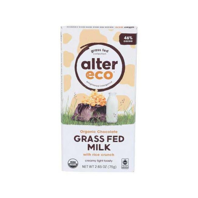 Alter Eco Grass Fed Milk Chocolate with Rice Crunch 2.65 Oz Bar