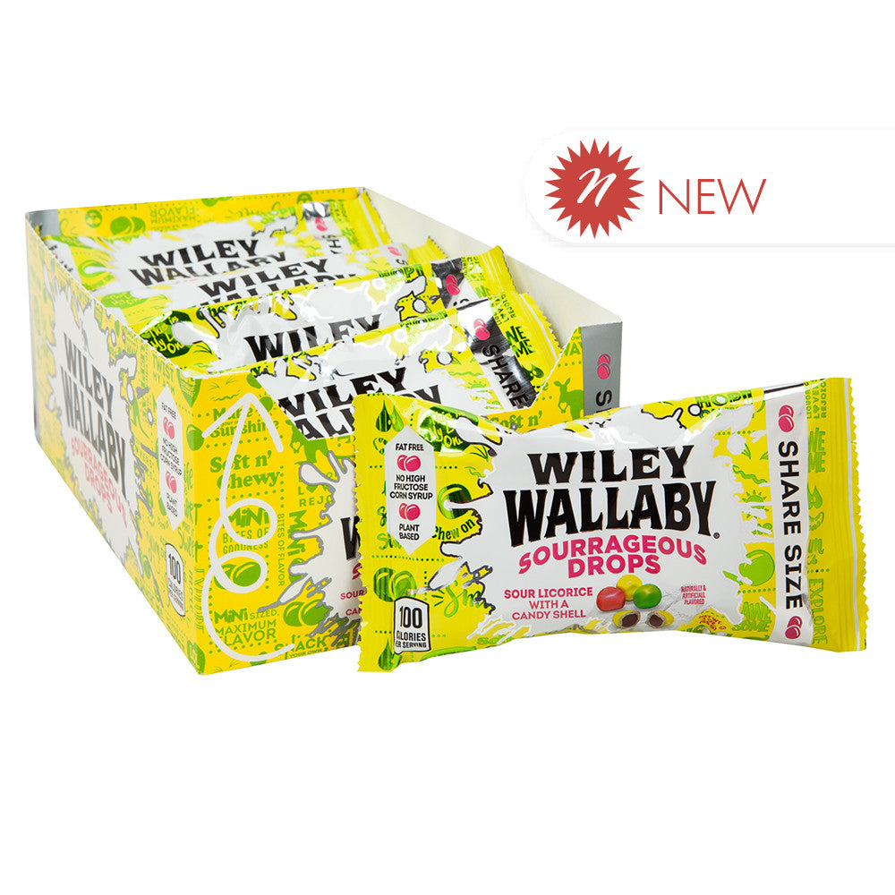 Wholesale Wiley Wallaby Sourrageous Drops Sour Licorice With Candy Shell 3.5 Oz Share Bag- Bulk