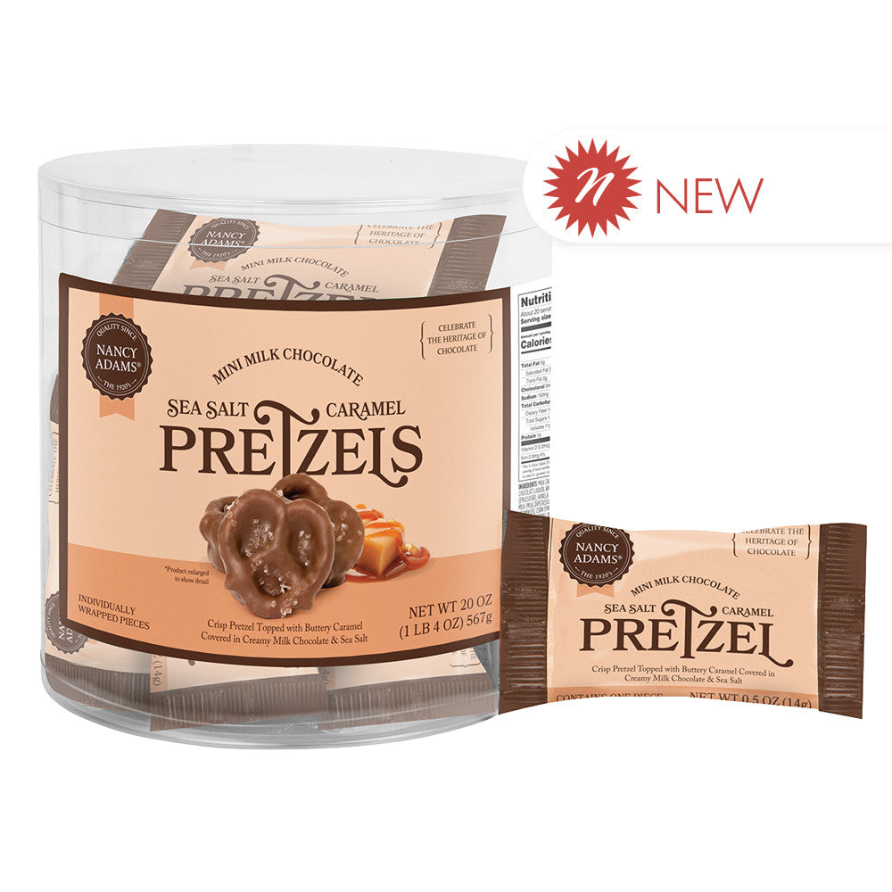 Wholesale Nancy Adams Milk Chocolate Sea Salt Caramel Pretzel Single Serve Tub-40ct Case Bulk