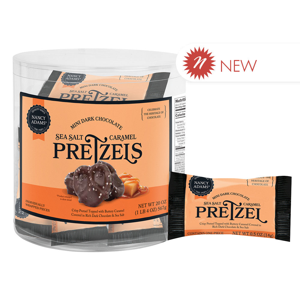 Wholesale Nancy Adams Dark Chocolate Sea Salt Caramel Pretzel Single Serve Tub-40ct Case Bulk