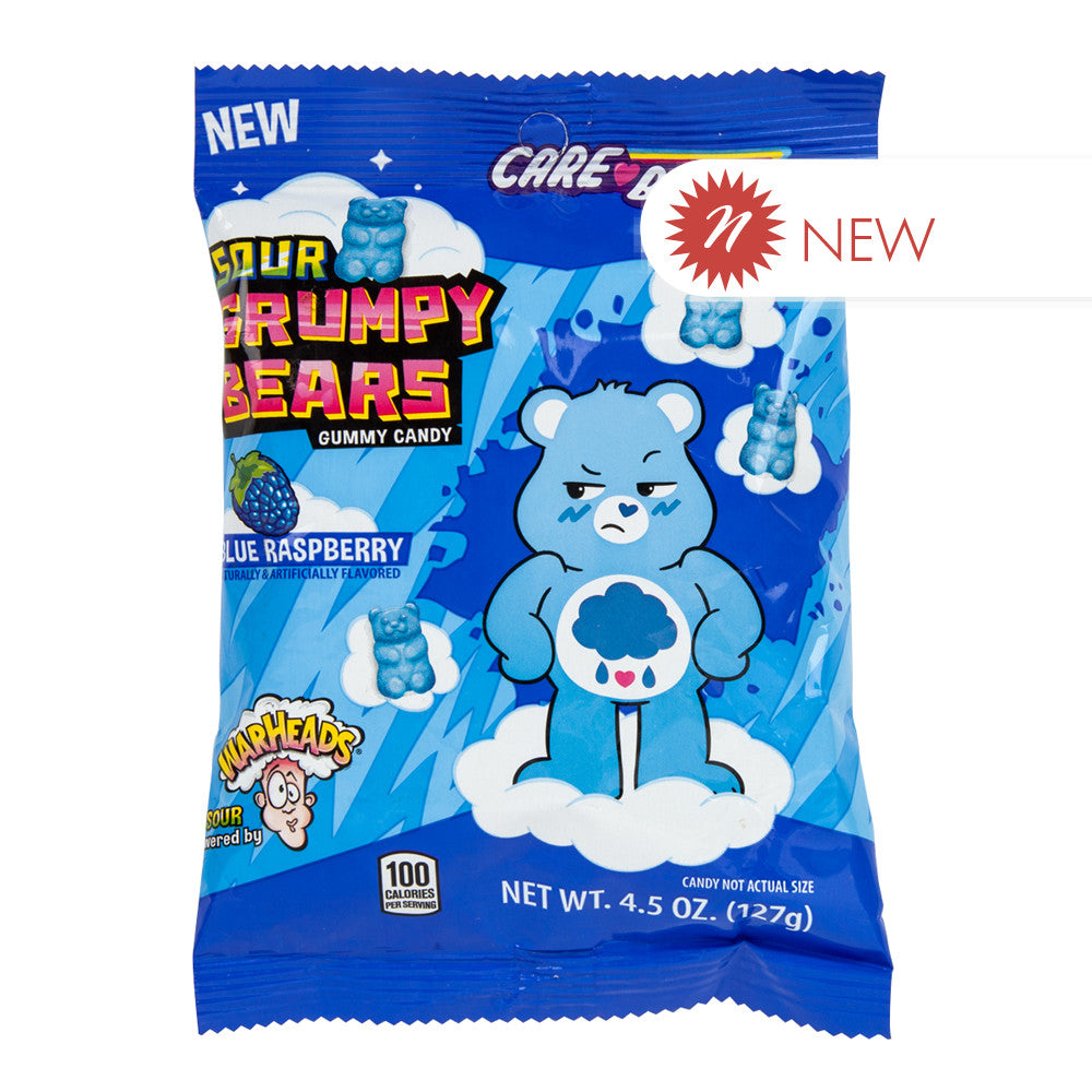 Wholesale Care Bears Warheads Sour Blue Raspberry Grumpy Bears 4.5 Oz Peg Bag-12ct Case Bulk