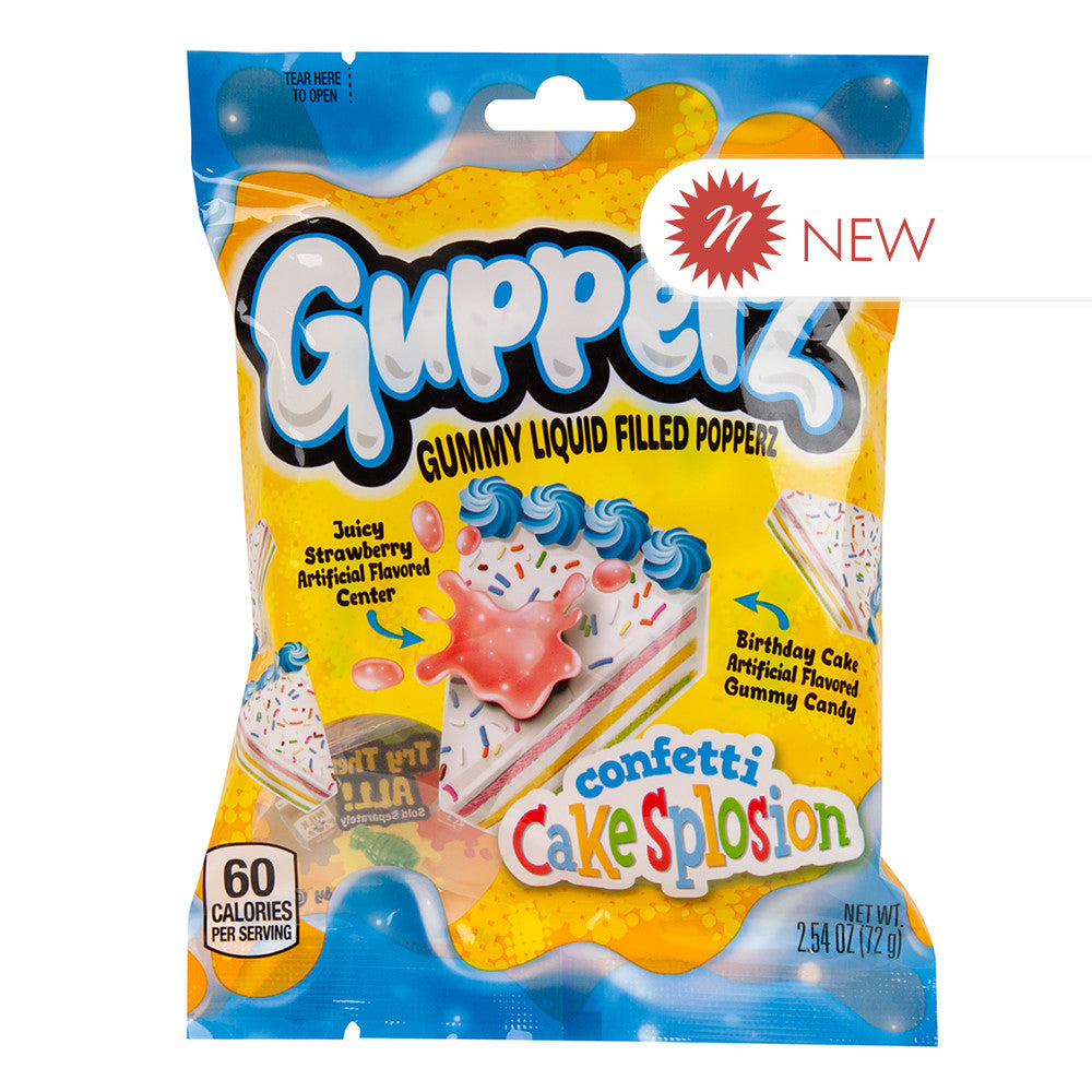 Wholesale Gupperz Confetti Cakesplosion Gummy Liquid Filled Popperz 2.54 Oz Peg Bag- Bulk