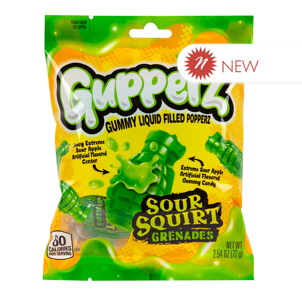 Wholesale Gupperz Sour Squirt Grenades Gummy Liquid Filled Popperz 2.54 Oz Peg Bag- Bulk