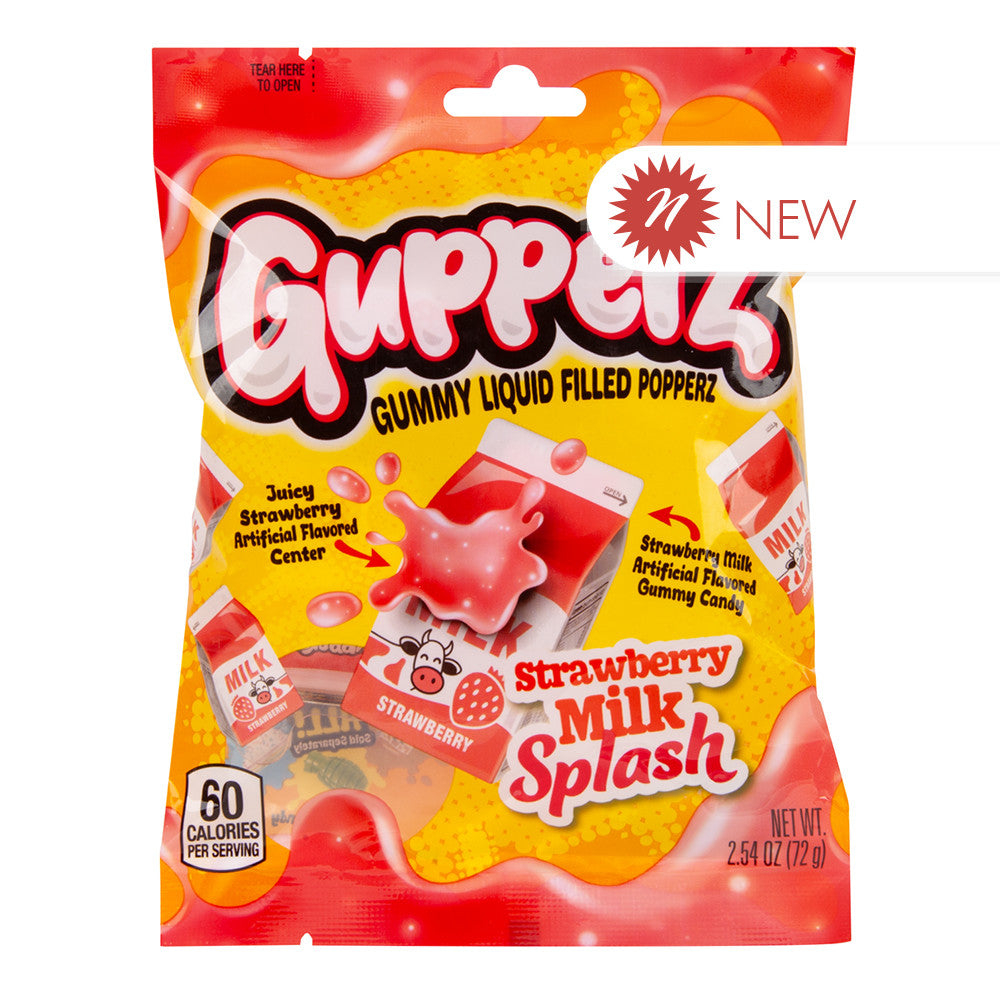 Wholesale Gupperz Strawberry Milk Splash Gummy Liquid Filled Popperz 2.54 Oz Peg Bag- Bulk