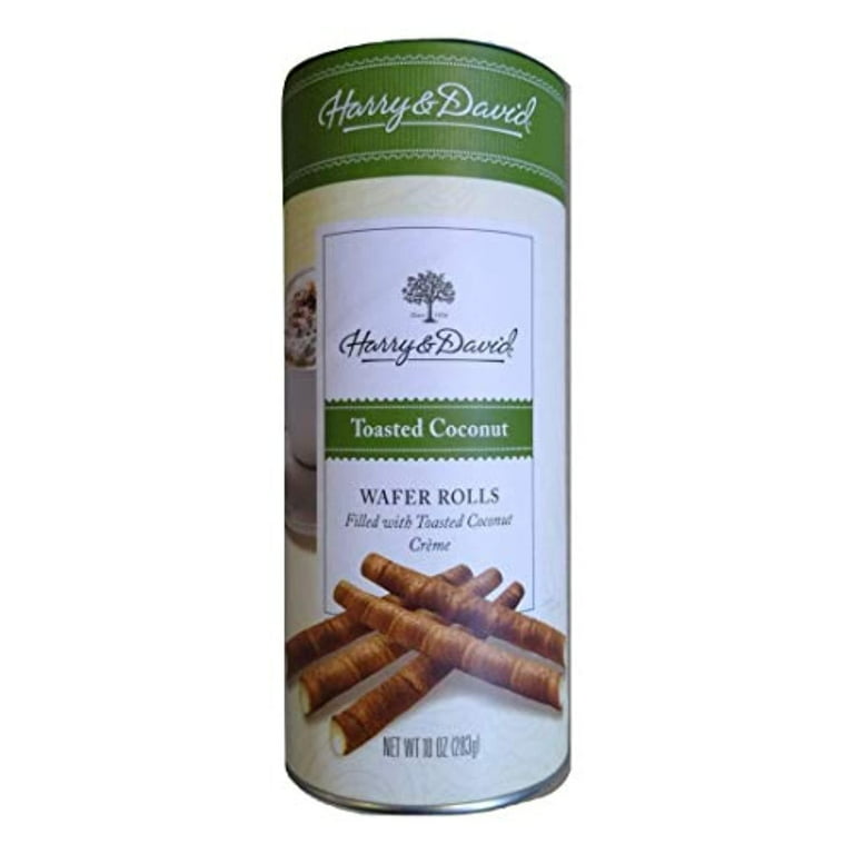 Harry & David Toasted Coconut Wafer Rolls Tin 10 oz Bag